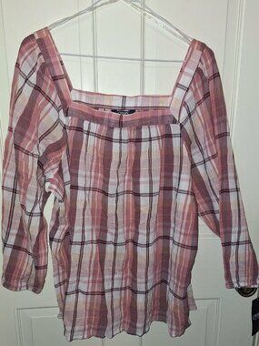 NWT! CHAPS Pink Plaid Peasant Top, SIZE XL